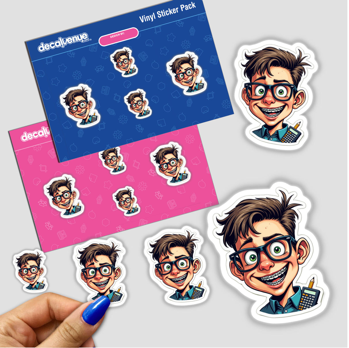 Nerd Celular stickers featuring cartoon faces of boys with glasses and braces, perfect for personalizing items or as digital artwork.