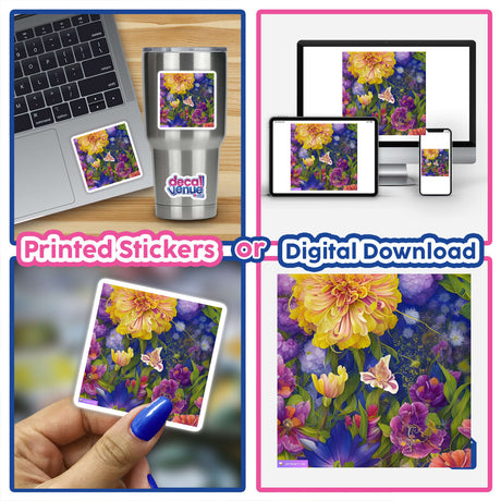 Collage of flower images titled Autumn, showcasing stickers and digital artwork. Includes close-ups of flowers, a hand holding a flower picture, and a laptop with a flower sticker.