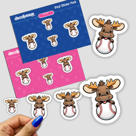 Cute baseball-themed moose stickers in a digital download pack offered by Decal Venue, an online store specializing in unique stickers and digital art.