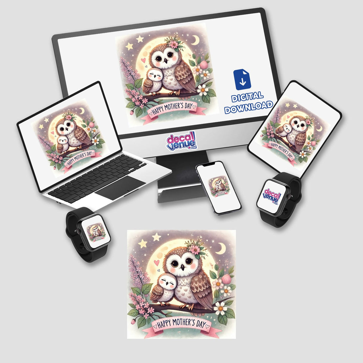 Two Cartoon Owls Happy Mother's Day Graphic featuring two cheerful cartoon owls, available as stickers or digital artwork from Decal Venue, known for unique vinyl stickers and digital art.