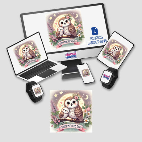 Two Cartoon Owls Happy Mother's Day Graphic featuring two cheerful cartoon owls, available as stickers or digital artwork from Decal Venue, known for unique vinyl stickers and digital art.
