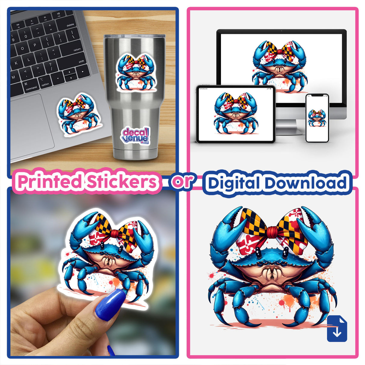 Blue Crab with Maryland Coquette Bow as a vinyl sticker on a laptop and tumbler, and as a digital download on devices, promoting versatility in printed or digital formats.