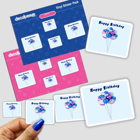 Colorful stickers featuring a cheerful bunch of multicolored balloons with white strings against a pale blue background, perfect for birthday celebrations and expressions of joy.