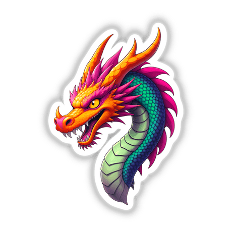 A Cool Fantasy Dragon depicted in a vibrant cartoon style, showcasing sharp teeth and intricate designs, available as vinyl stickers or digital artwork at Decal Venue.
