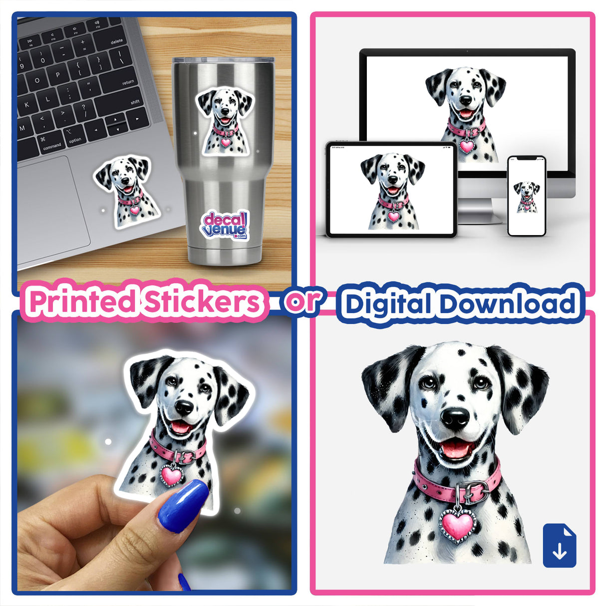 Happy Dalmatian Dog Portrait sticker on a laptop, showcasing a cheerful Dalmatian illustration. Available as a sticker or digital artwork, reflecting Decal Venue's unique sticker and digital art offerings.