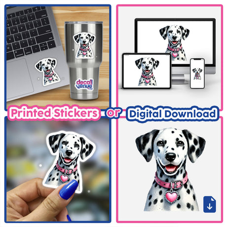 Happy Dalmatian Dog Portrait sticker on a laptop, showcasing a cheerful Dalmatian illustration. Available as a sticker or digital artwork, reflecting Decal Venue's unique sticker and digital art offerings.