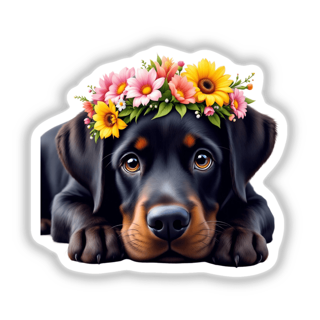 Charming Labrador Retriever Wearing a Floral Crown, perfect for dog lovers. This enchanting design is available as high-quality stickers or digital art, adding whimsy and charm to any space.