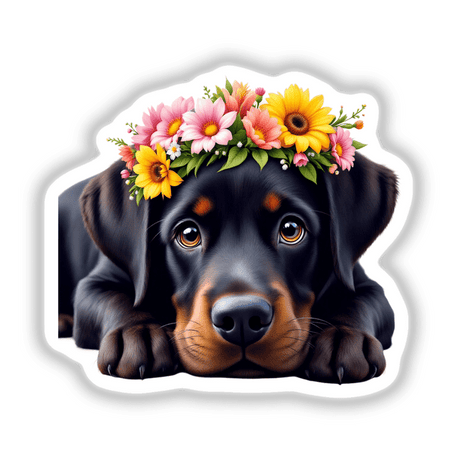 Charming Labrador Retriever Wearing a Floral Crown, perfect for dog lovers. This enchanting design is available as high-quality stickers or digital art, adding whimsy and charm to any space.