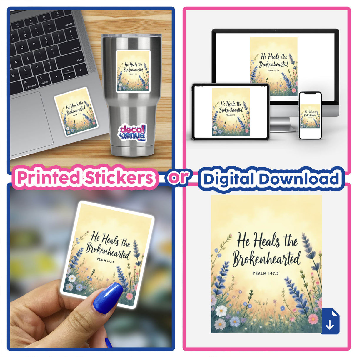 Fauvist Spring Lavender “He Heals the Brokenhearted” Psalm 147:3 Sticker or Clipart with Commercial Rights, displayed on a laptop and close-up, highlighting its vibrant design and intricate details.