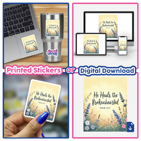 Fauvist Spring Lavender “He Heals the Brokenhearted” Psalm 147:3 Sticker or Clipart with Commercial Rights, displayed on a laptop and close-up, highlighting its vibrant design and intricate details.