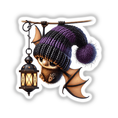 Cartoon bat gnome with a hat, holding a lantern. Available as stickers or digital artwork.