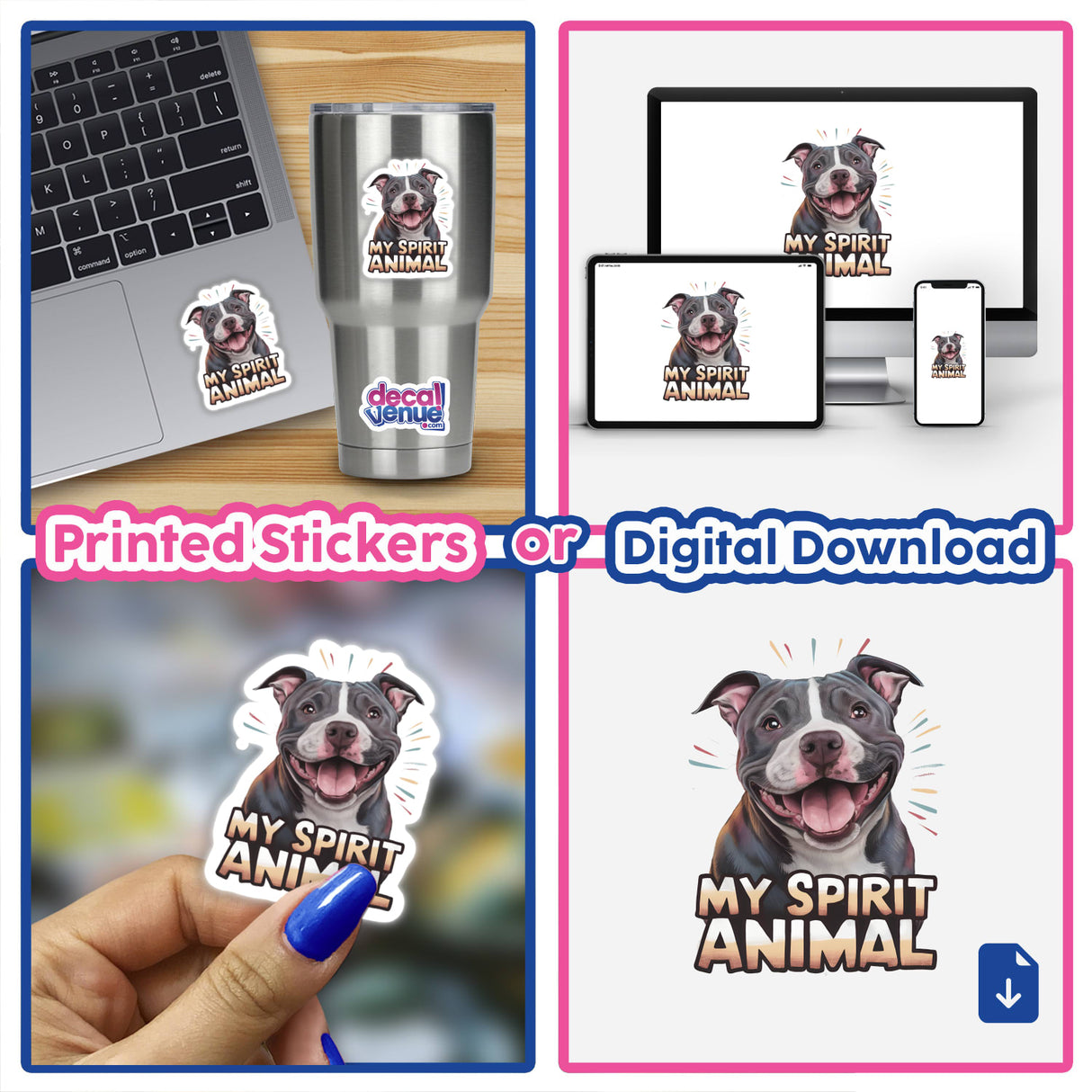 Playful digital artwork featuring a smiling pitbull dog, available as printed stickers or a digital download. The image showcases the dog's expressive face and the text "My Spirit Animal" reflects the playful and uplifting nature of the design.