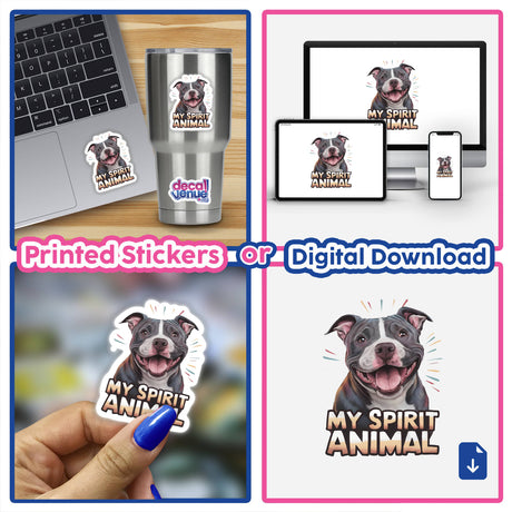 Playful digital artwork featuring a smiling pitbull dog, available as printed stickers or a digital download. The image showcases the dog's expressive face and the text "My Spirit Animal" reflects the playful and uplifting nature of the design.