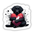Black Lab Dog Hugging Heart Pillow II, featuring a black dog holding a heart, available as stickers or digital artwork.