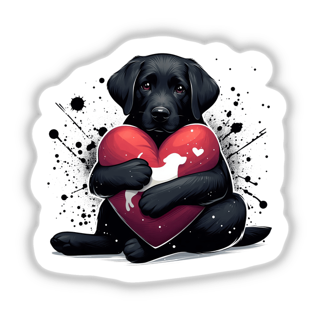 Black Lab Dog Hugging Heart Pillow II, featuring a black dog holding a heart, available as stickers or digital artwork.