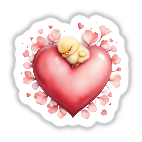 Sleeping Chick on a Heart with Petals shows a cartoon chick peacefully resting on a heart, surrounded by petals, embodying tranquility. Available as stickers or digital art from Decal Venue.