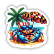 Maryland Shore Blue Crab Sitting on Beach III features a blue crab lounging on a beach chair under a Maryland flag umbrella, ideal as a sticker or digital art for summer vibes.