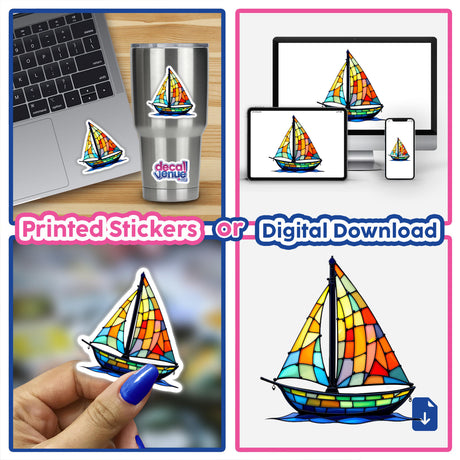 Collage featuring a laptop adorned with a Sailboat Stained Glass Style sticker, showcasing unique artistry available as stickers or digital artwork from Decal Venue.