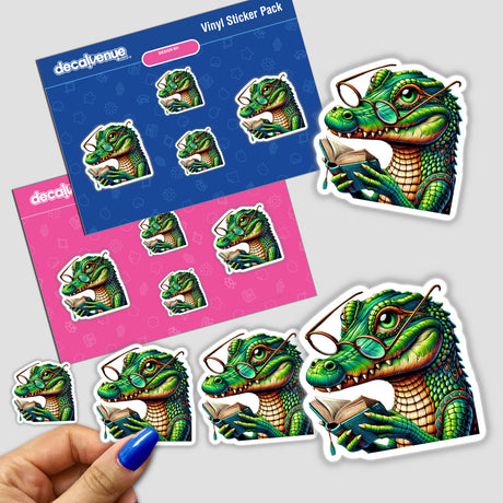 Crocodile With Reading Glasses Open Book sticker, featuring a cartoon crocodile engrossed in a book, perfect for fans of unique vinyl stickers and digital artwork from Decal Venue.