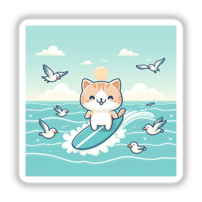 Cute kitten surfing on the ocean with seagulls in the sky, digital artwork