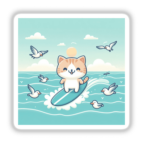 Cute kitten surfing on the ocean with seagulls in the sky, digital artwork