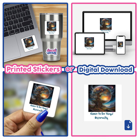 Collage featuring the product Choose to See Things Differently, showcasing a sticker on a laptop and digital artwork of a tree and moon, available as stickers or digital art.