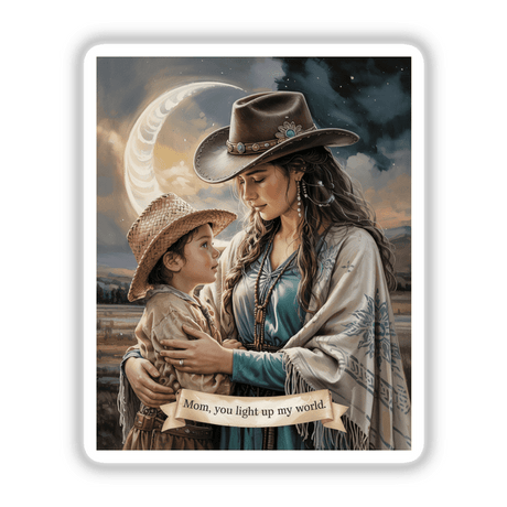Boho Mystical Western Mother’s Day Sticker features a woman and child in cowboy hats, emphasizing a moonlit maternal glow, available as stickers or digital artwork with commercial rights.