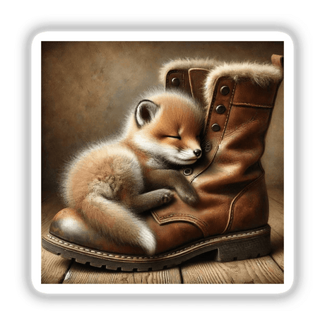 Baby Fox in Leather Boot: A cute fox peacefully sleeping inside a leather boot. Available as stickers or digital artwork from Decal Venue.