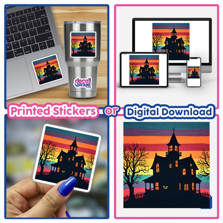 Haunted House Silhouette with Vibrant Stripes displayed on a laptop and available as stickers or digital artwork.