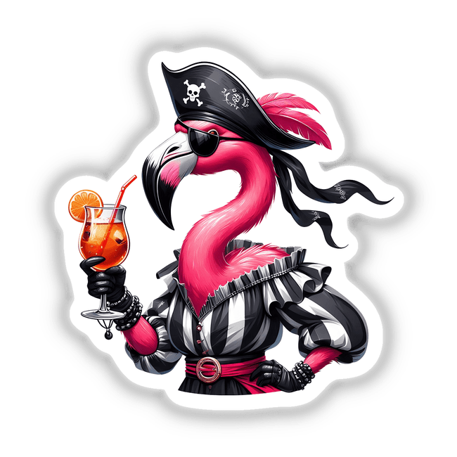Vibrant pirate flamingo with cocktail sticker or digital download