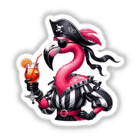 Vibrant pirate flamingo with cocktail sticker or digital download