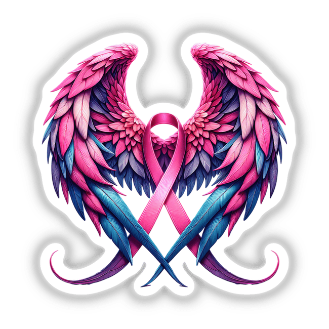 Pink Awareness Ribbon with Wings sticker, featuring intricately sketched pink and blue wings adorned with a pink ribbon, available as a unique vinyl sticker or digital artwork from Decal Venue.
