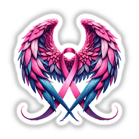 Pink Awareness Ribbon with Wings sticker, featuring intricately sketched pink and blue wings adorned with a pink ribbon, available as a unique vinyl sticker or digital artwork from Decal Venue.