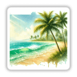 Tropical Paradise - Watercolor Palms and Ocean Waves: A detailed painting of a beach with palm trees, highlighting serene ocean waves and a tranquil sky, available as stickers or digital artwork.