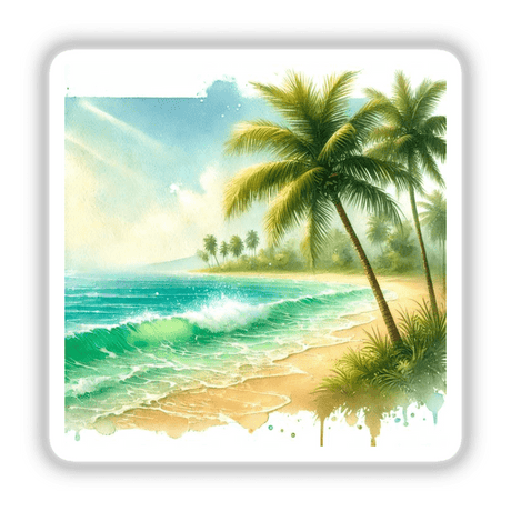 Tropical Paradise - Watercolor Palms and Ocean Waves: A detailed painting of a beach with palm trees, highlighting serene ocean waves and a tranquil sky, available as stickers or digital artwork.
