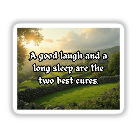 A Good Laugh and Long Sleep Irish Quote on Scenic Countryside Sticker or Clipart, featuring a green field with stone walls under a cloudy sky, available as stickers or digital artwork.
