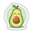 Kawaii Avocado Sticker featuring a cartoon avocado cut in half with a smiling pit. Available as a decal or digital artwork, perfect for National Avocado Day from Decal Venue.