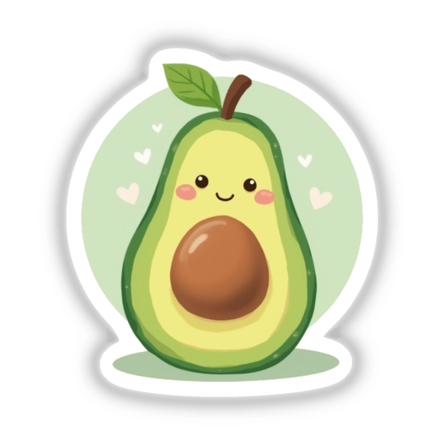 Kawaii Avocado Sticker featuring a cartoon avocado cut in half with a smiling pit. Available as a decal or digital artwork, perfect for National Avocado Day from Decal Venue.