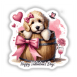 Goldendoodle Dog in Valentines Day Barrel artwork shows a charming plush Goldendoodle with a pink bow, nestled in a festive barrel, perfect for stickers or digital decor.