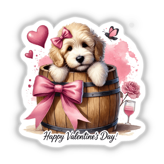 Goldendoodle Dog in Valentines Day Barrel artwork shows a charming plush Goldendoodle with a pink bow, nestled in a festive barrel, perfect for stickers or digital decor.