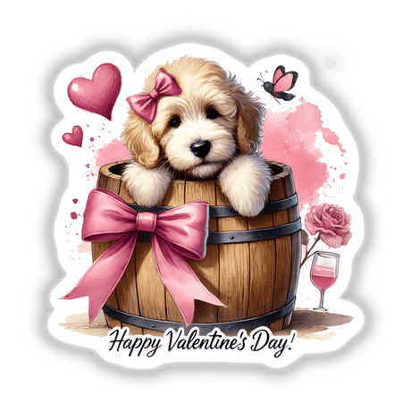 Goldendoodle Dog in Valentines Day Barrel artwork shows a charming plush Goldendoodle with a pink bow, nestled in a festive barrel, perfect for stickers or digital decor.