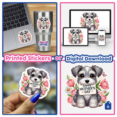 Collage featuring Mother’s Day Schnauzer – Cute Dog with Flowers and Heartfelt Message as stickers on a laptop and a cup, embodying Decal Venue's unique vinyl stickers and digital art.