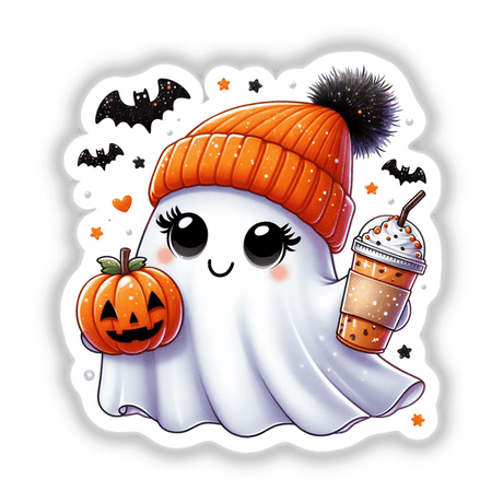 Cute Pumpkin Ghost with Coffee and Bats II - Kawaii spooky ghost holding a pumpkin and coffee cup, surrounded by bats and stars.