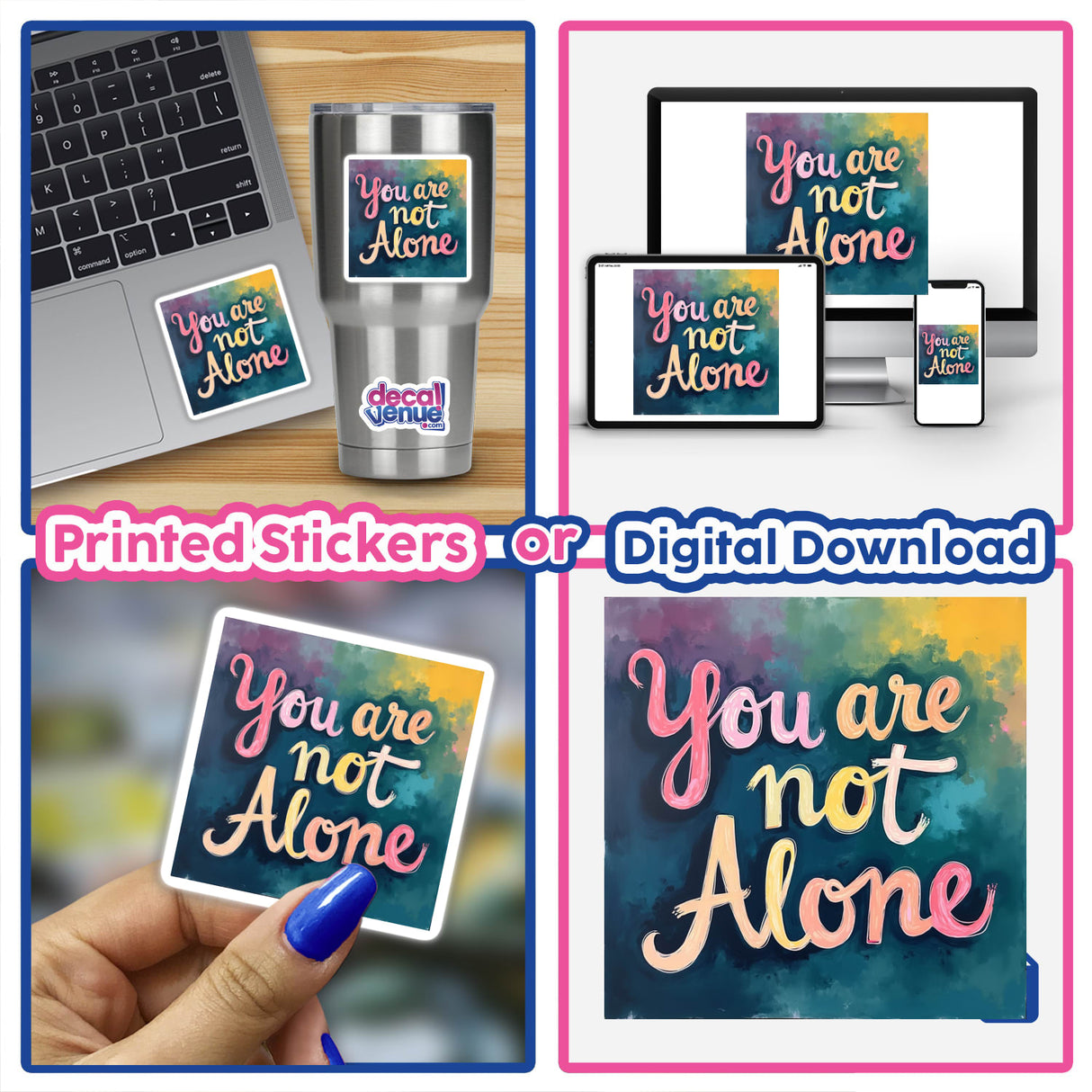 You Are Not Alone - Genesis 28:15 Christian Sticker shown on a laptop, emphasizing its comforting Bible verse design, available as stickers or digital artwork for versatile use.