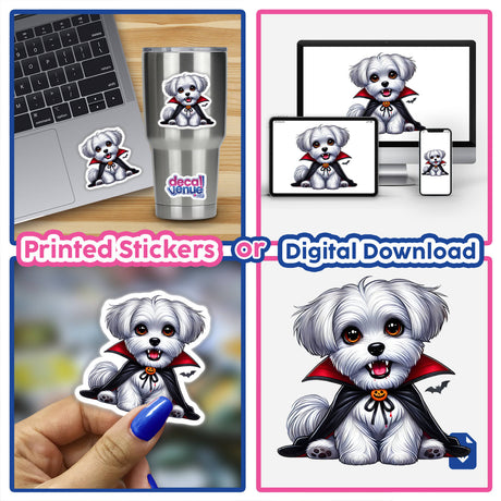 Vampire Maltese Dog with Fangs - Adorable digital artwork of a cute Maltese dog with vampire fangs, displayed on various products and devices, including a laptop, smartphone, and sticker.