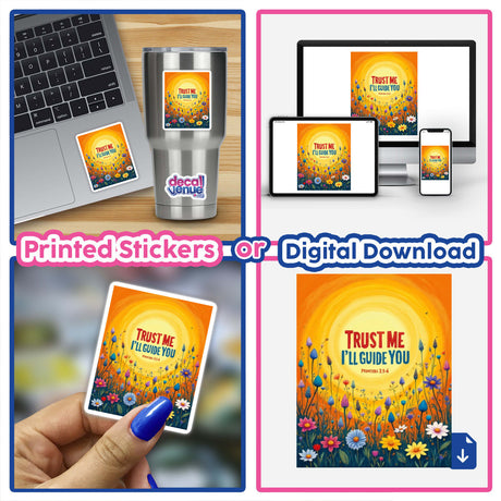 Fauvist Spring Cornflower “Trust Me, I’ll Guide You” Proverbs 3:5-6 Sticker or Clipart, showcasing a laptop adorned with the sticker, emphasizing its unique design and digital artwork option.