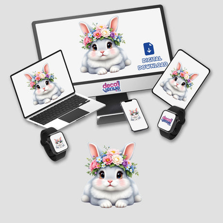 Adorable Rabbit with a Spring Flower Crown displayed on various devices, showcasing its versatility as stickers or digital artwork from Decal Venue.