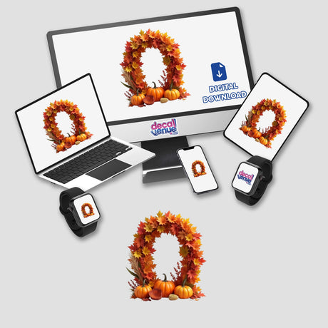Thanksgiving Letter O Clipart - Fall Leaves and Pumpkins Design on a laptop and monitor; available as stickers or digital artwork for commercial use.