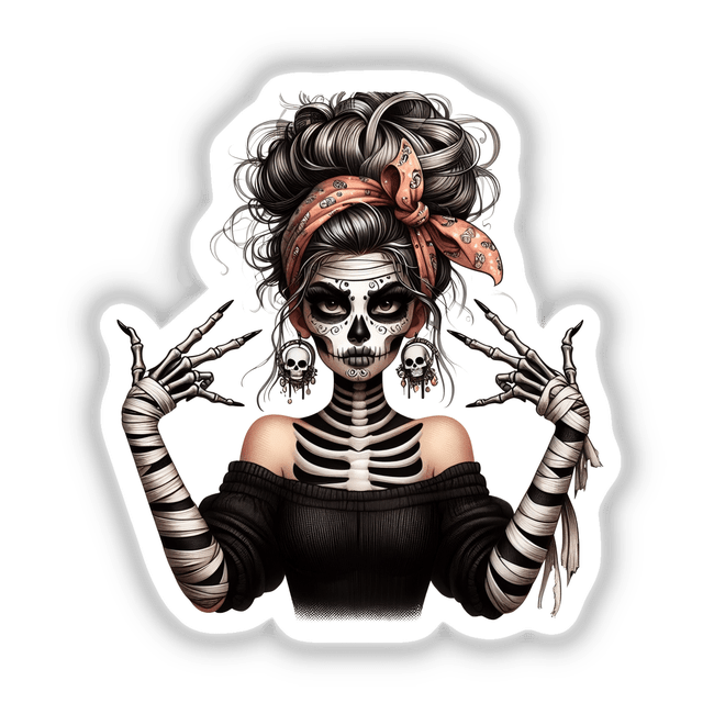 Skeleton Zombie Mama Victory Sign illustration featuring a woman with skeleton makeup, red bandana, and mummy-like wrapped hand. Available as unique stickers or digital artwork from Decal Venue.