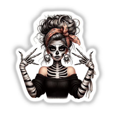 Skeleton Zombie Mama Victory Sign illustration featuring a woman with skeleton makeup, red bandana, and mummy-like wrapped hand. Available as unique stickers or digital artwork from Decal Venue.